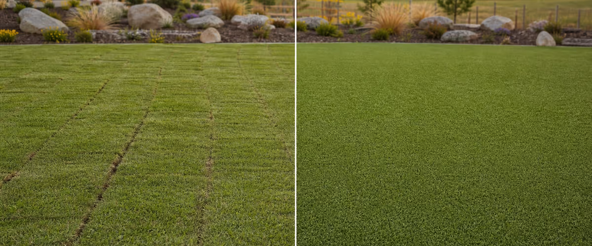 Side-by-side comparison of hydroseeded and sod-installed lawn sections