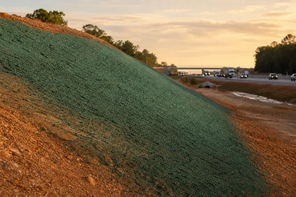 Hydroseed erosion control application on a graded slope